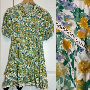 In Loom Yellow Green Short Sleeve Fit Flare Crochet Lace Trim Dress M